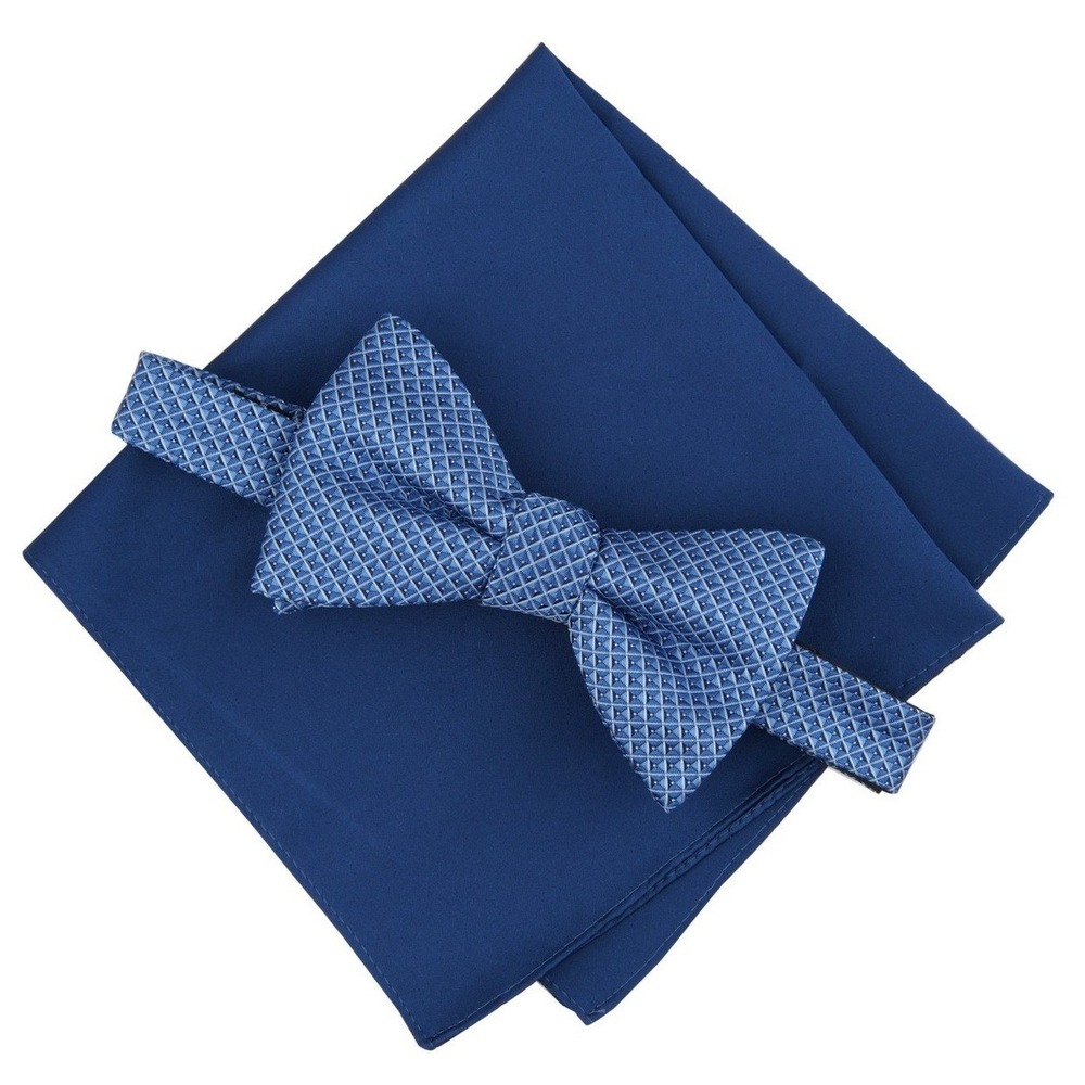 Alfani Men Bow Tie and Pocket Square Set OS Blue Geometric Formal Necktie NWT